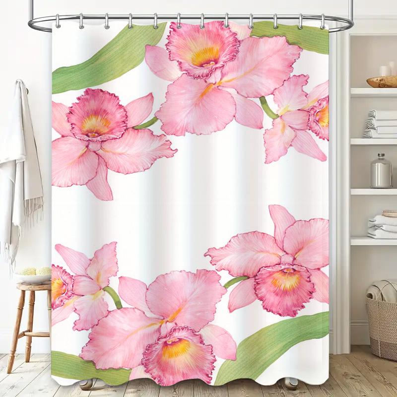 Delicate Floral Shower Curtain Pink Orchid Bathroom Decor for Home Bath Room Waterproof Shower Curtains with Grommets White Back