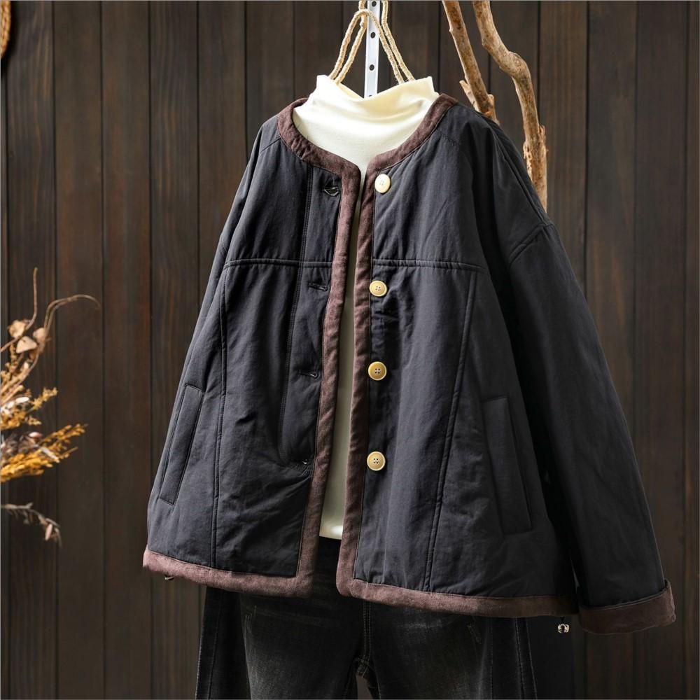 Johnature Women Vintage O-Neck Long Sleeve Solid Color Coats Autumn Button Pockets Casual Coats