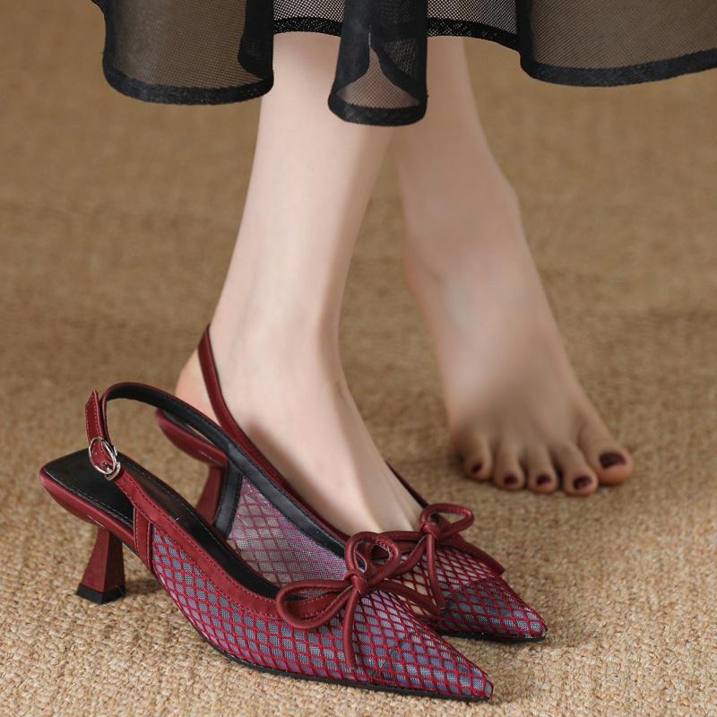 

Мода Мода Новый Стиль Элегантные Сетчатые Дышащие Босоножки на Каблуке Летние Туфли-Мюли с Острым Носком и Бантом Дизайнерские Роскошные Женские Сандалии 34 вино красного