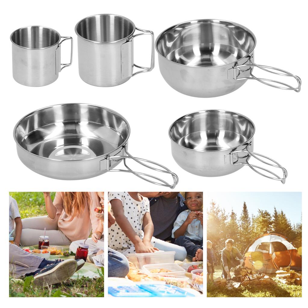 Outdoor Stainless Steel Cookware Set 5‑Piece Camping Portable Cooking Pots Tableware
