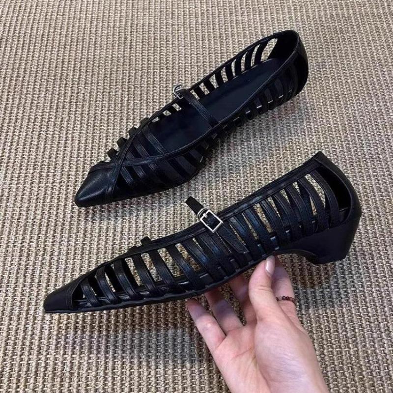 Women Sandals Pointed Toe Elegant Woman Hollow Out Narrow Band Sandals Summer Leather Low Heels Shoes Big Size Zapatos De Mujer