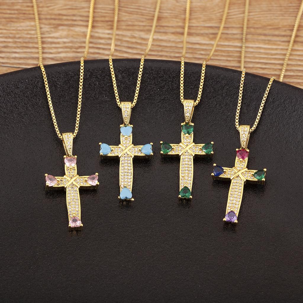 Nidin New Trendy Heart Shape Rhinestone Jesus Cross Pendant Necklace For Women Men 5 Colors Choice Clavicle Chain Jewelry Gifts