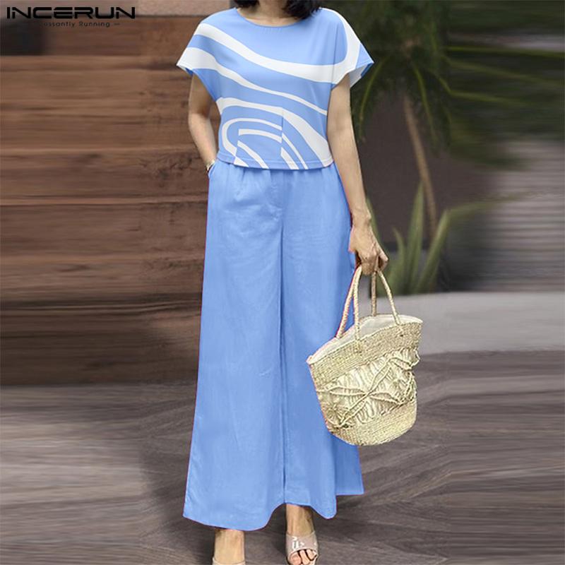 ZANZEA Damen Kurzarm Print Bluse und Hose Lässige Zweiteiler Anzugsets