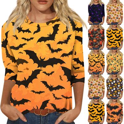 Damen Modisches Lässiges Dreiviertelarm Halloween-Print Rundhals-Top