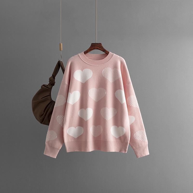 2024 Autumn/Winter Heart Jacquard Plus Size Loose Knit Pullover Sweater for Women