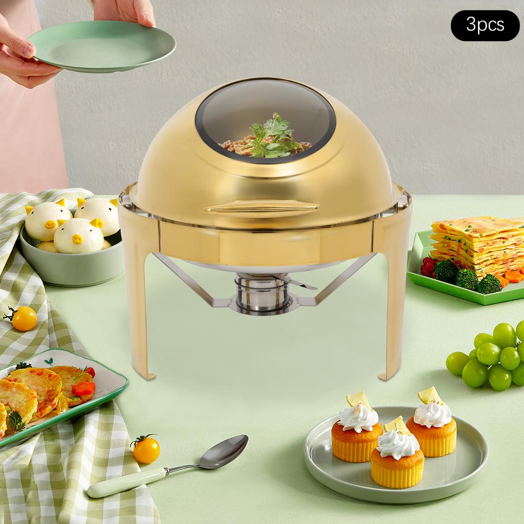 2/3 Items Stainless Steel Chafing Dish Buffet Set, Gold Round Chafer Countertop 47*47*45cm for Catering