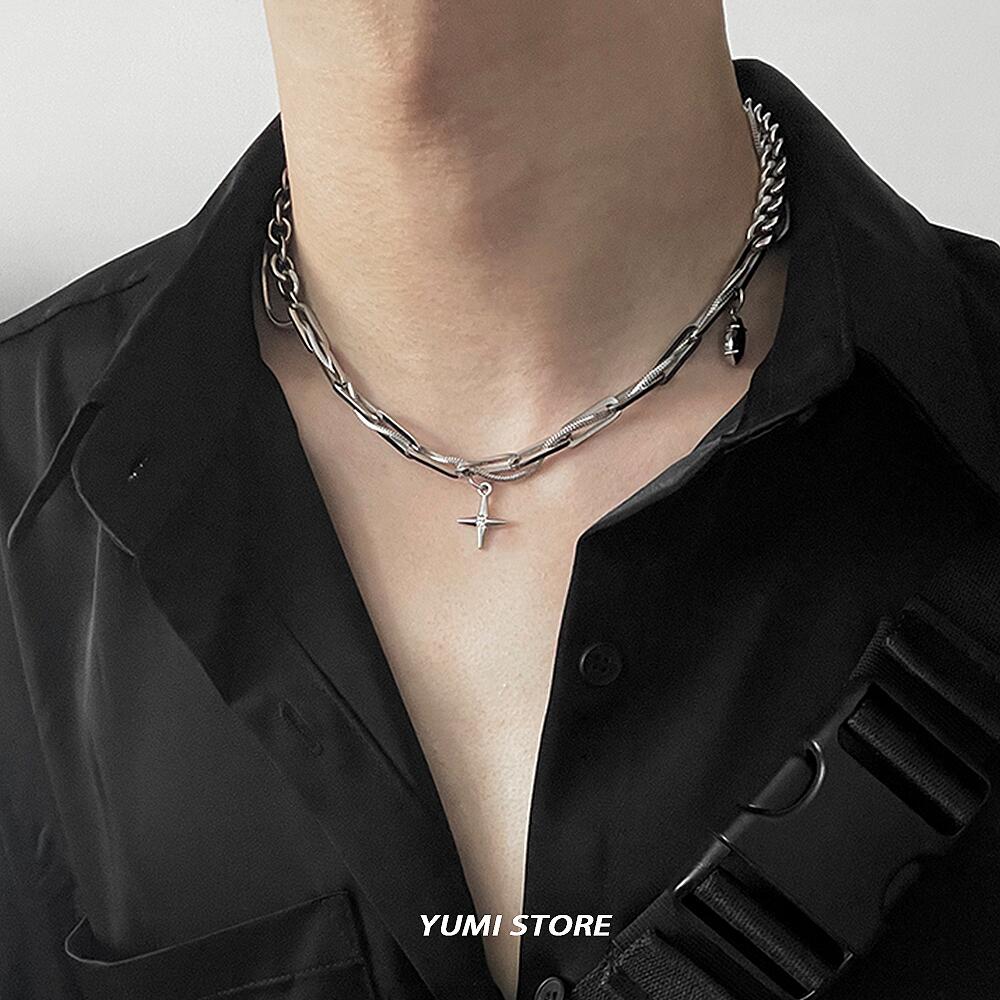 Unisex Punk Hop Hip Cross Star Pendant Necklace Titanium Steel Clavicle Chain Luxury Choker for Man Woman