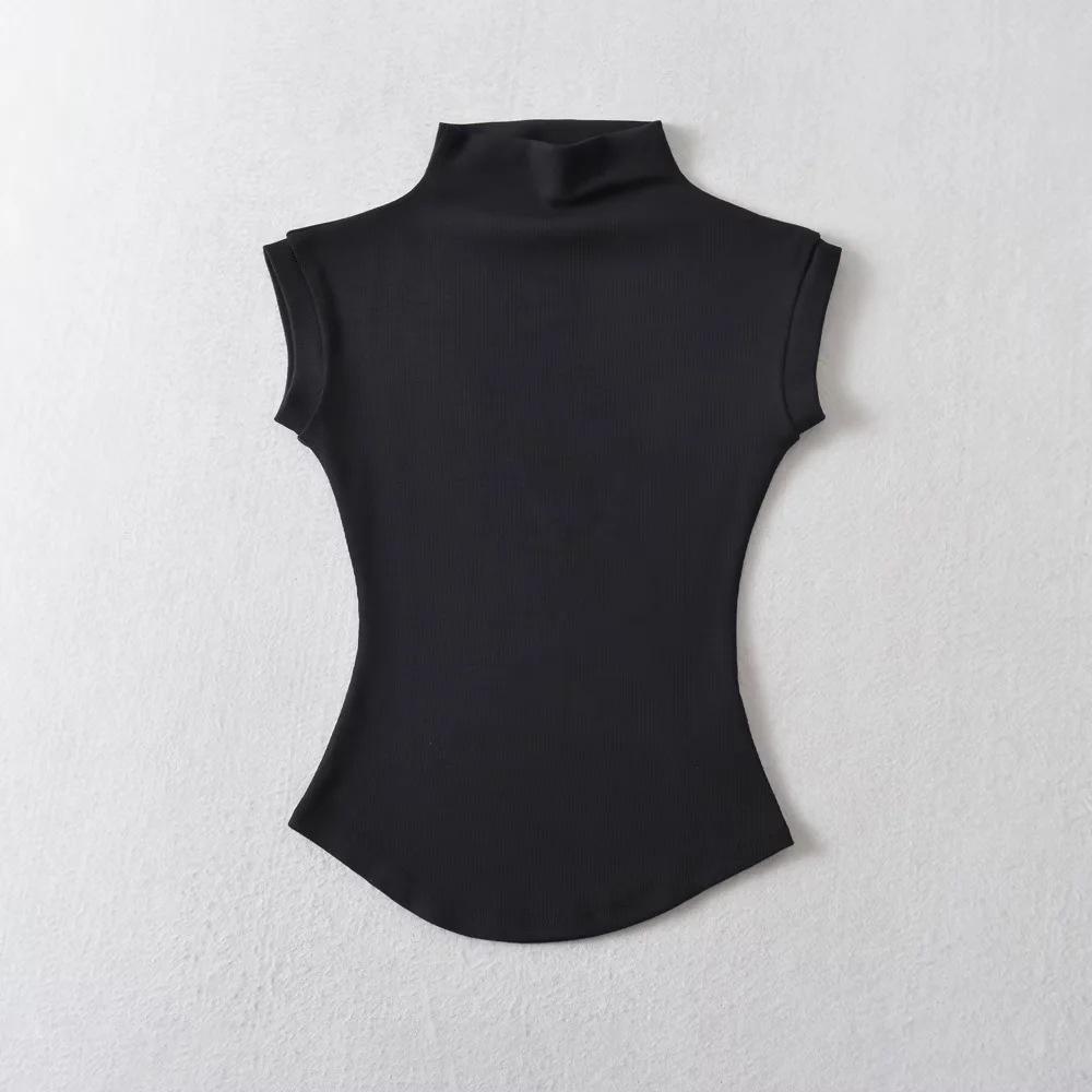 2025 Summer Women's Sleeveless Half-High Neck Fitted Vest with Curved Hem