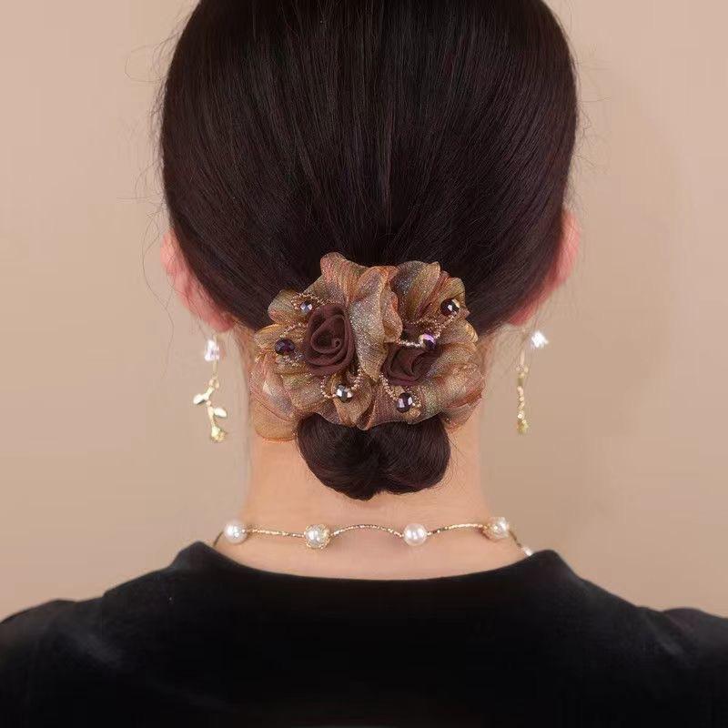 Vintage-Inspired Floral Scrunchie - Mixed Color Fabric Hair Tie for Women, Elegant Ponytail Holder