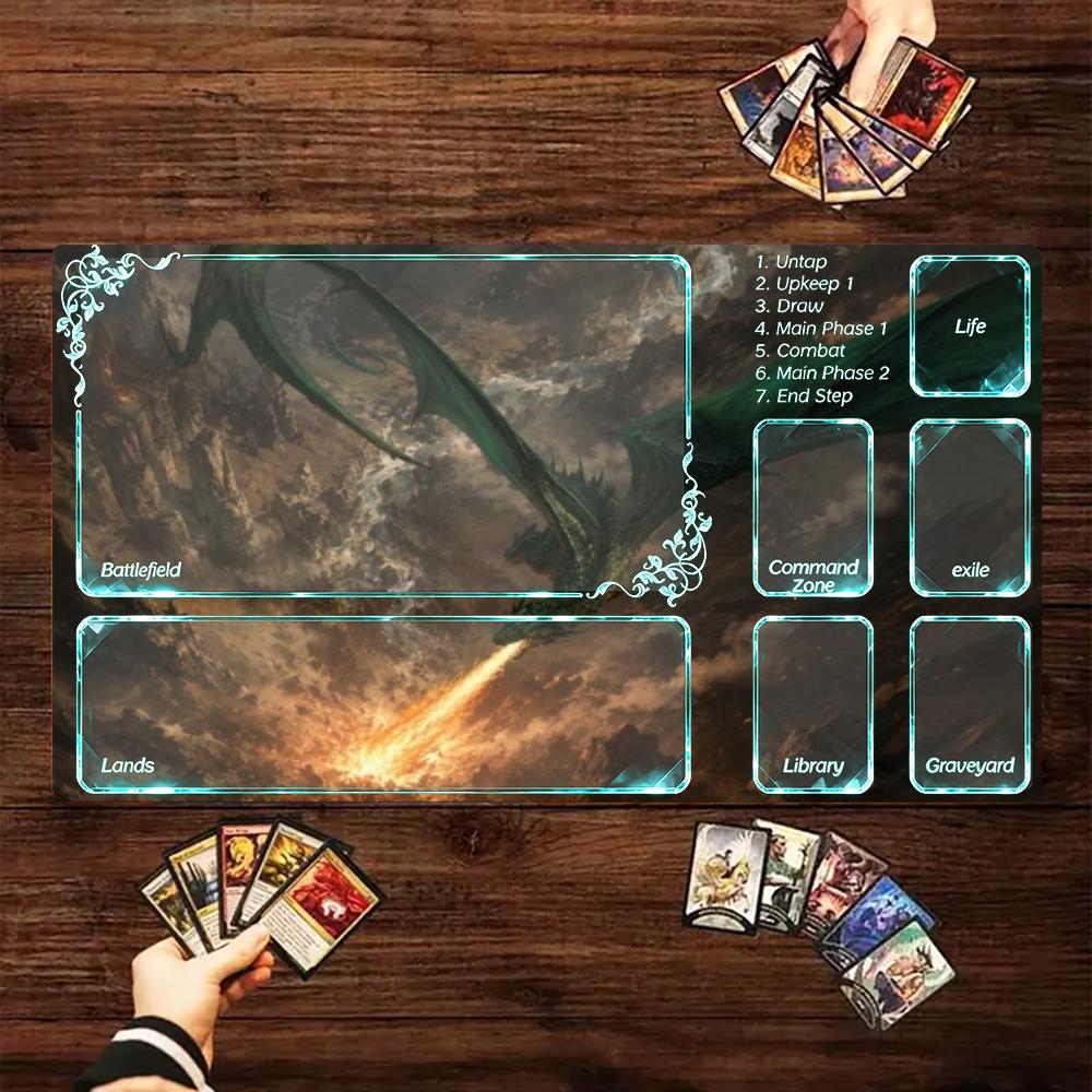 Dark Fantasy Green Winged Fire Dragon Large TCG Playmat MTG Card Mat Anti-Slip Stitched Edge Commander Tapete Magic Mtg