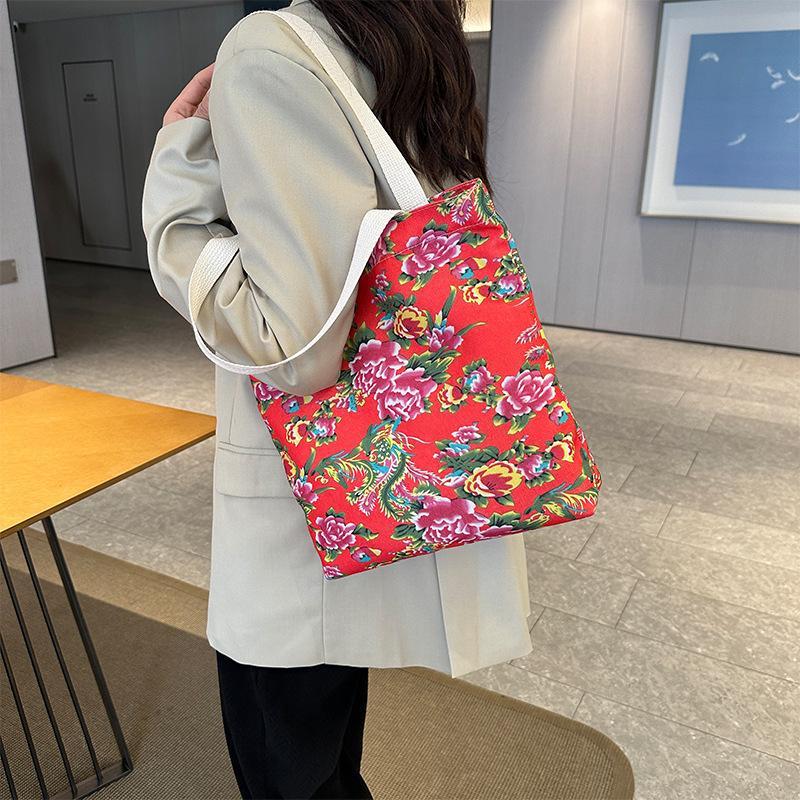 New Northeast Big Flower Bag Satchel Rural Wind Canvas Bag Personalized Trend Large Capacity Shoulder Bag Hand