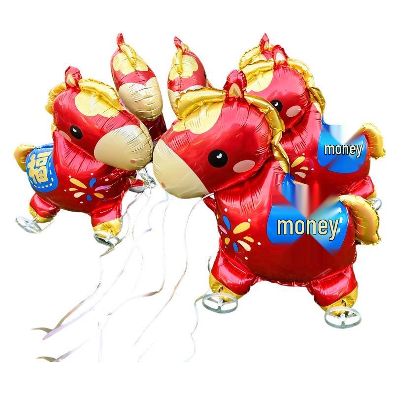 Year of the Horse Aluminum Foil Balloon with Wheels - Walking, Wealth-Attracting Cartoon Design for Night Market Stalls