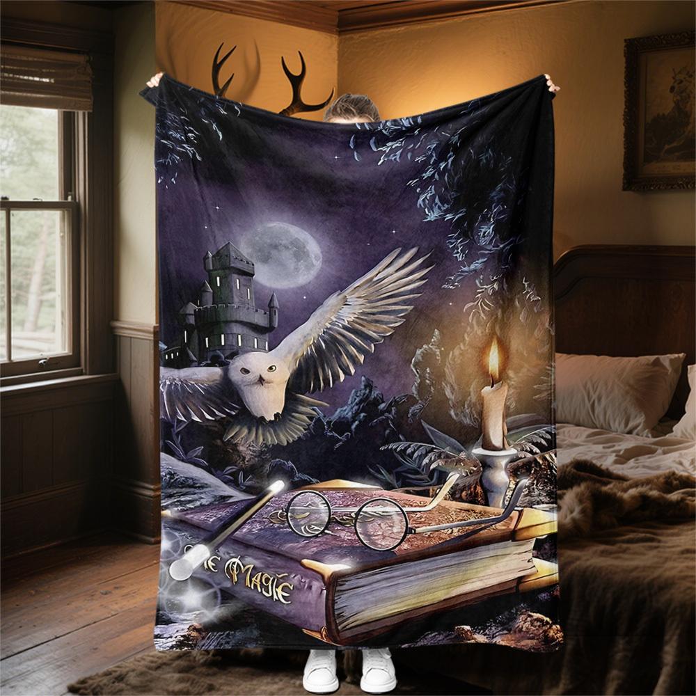 1pc magic castle owl Outdoor Flannel Throw Blanket All Season Soft Warmth,Home Decor 1031150