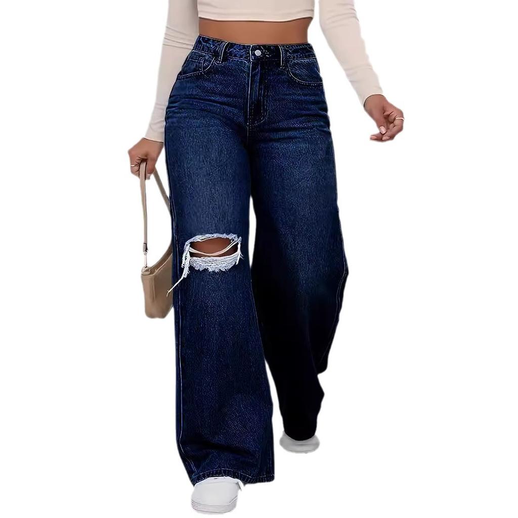 Washed Personality Hole Loose High Waist Wide Leg Floor Jeans