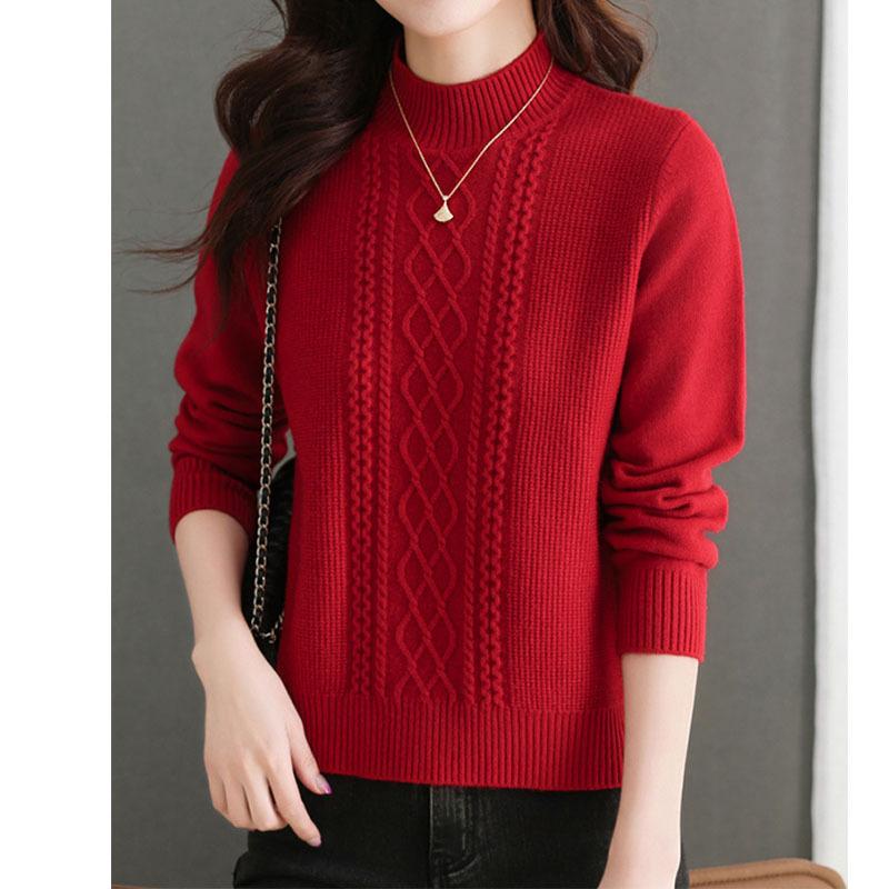 Red Twist Bottoming Knitted Sweater Autumn and Winter Simple Basic New Thick Short Solid Color Semi-turtleneck Inner Sweater Women