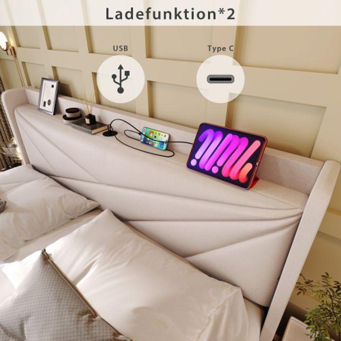 Lit double - MUVOE - 140x200 - Tête de lit avec chargeur USB - Rangement intégré - Design contemporain
