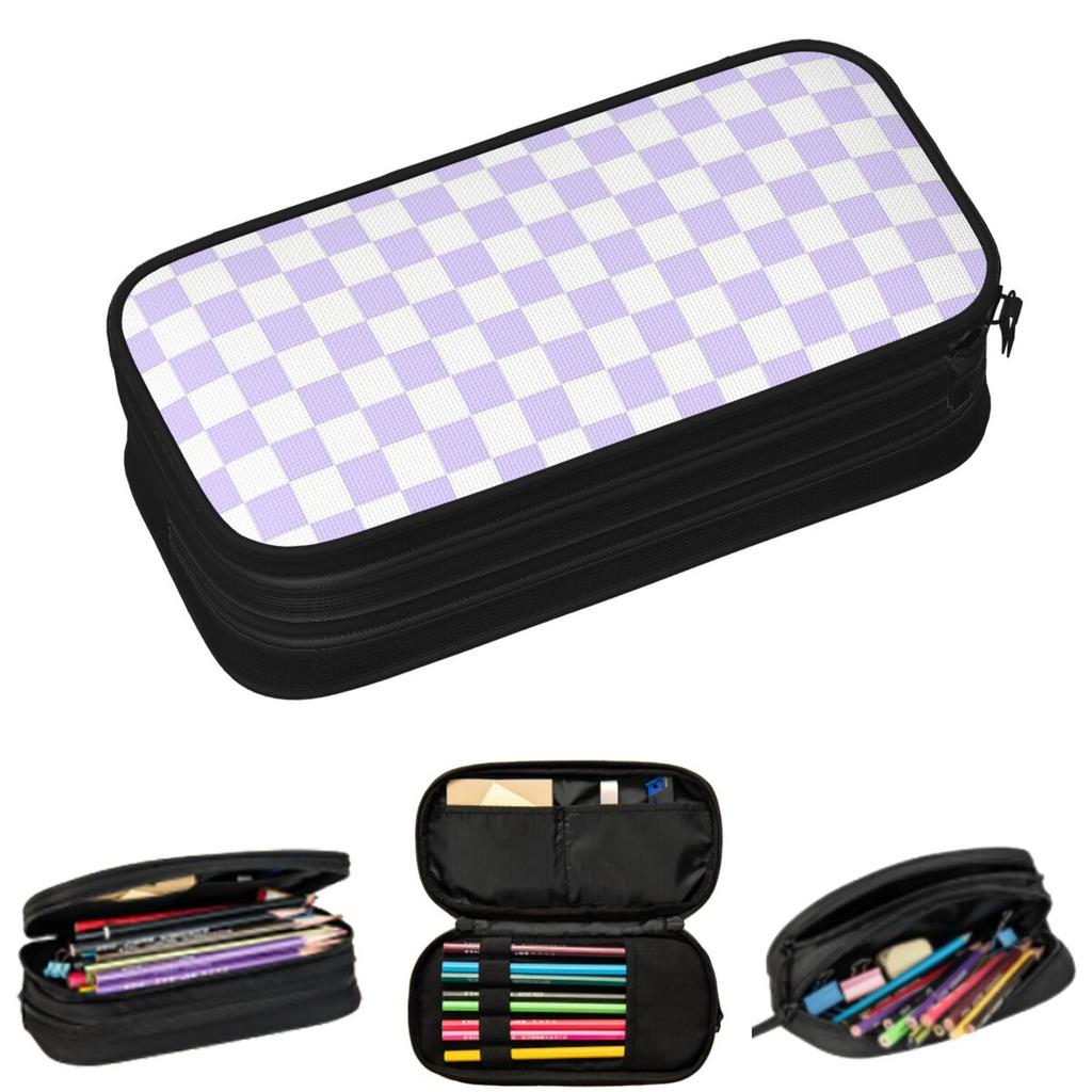 White And Pale Lavender Violet Checkerboard Pencil Cases for Student School Pen Box Pencil Bag Large Capacity Pencil Pouch