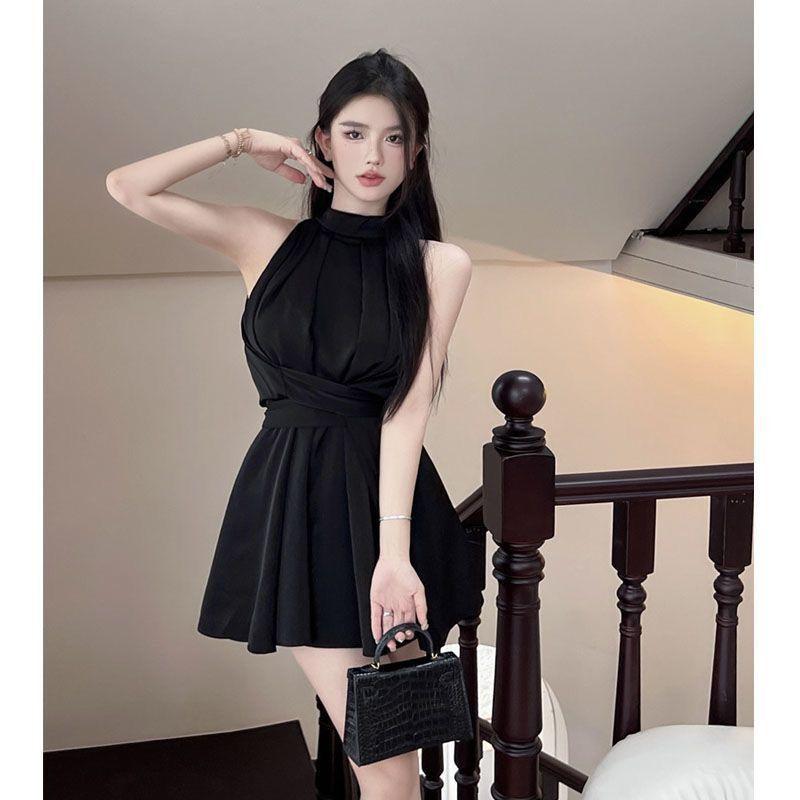 

Premium Sleeveless Dress Women s Summer French Off-Shoulder Sexy Celebrity Temperament Waist Strap Short Skirt S хаки