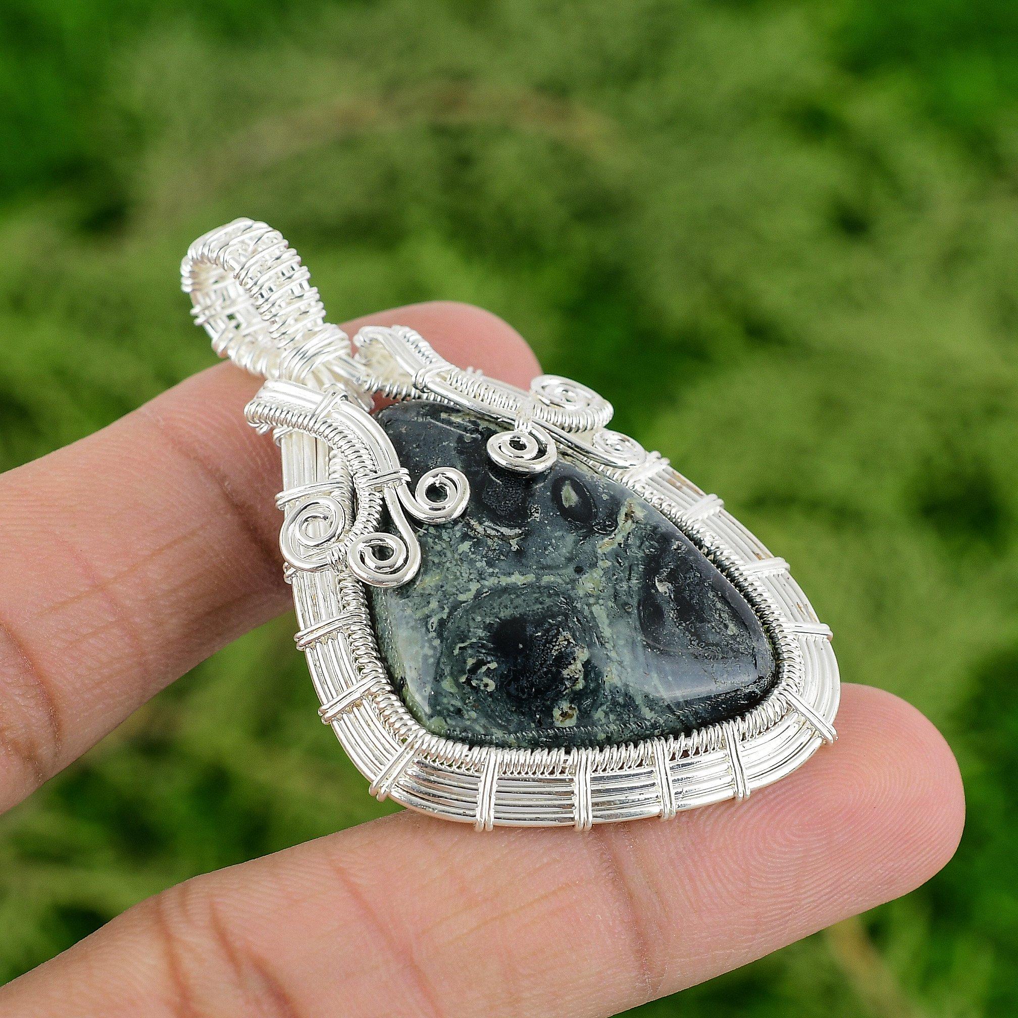 

925 Silver Kambaba Jasper Stone Bezel Wire Wrap Mother Birthday Pendant Jewelry