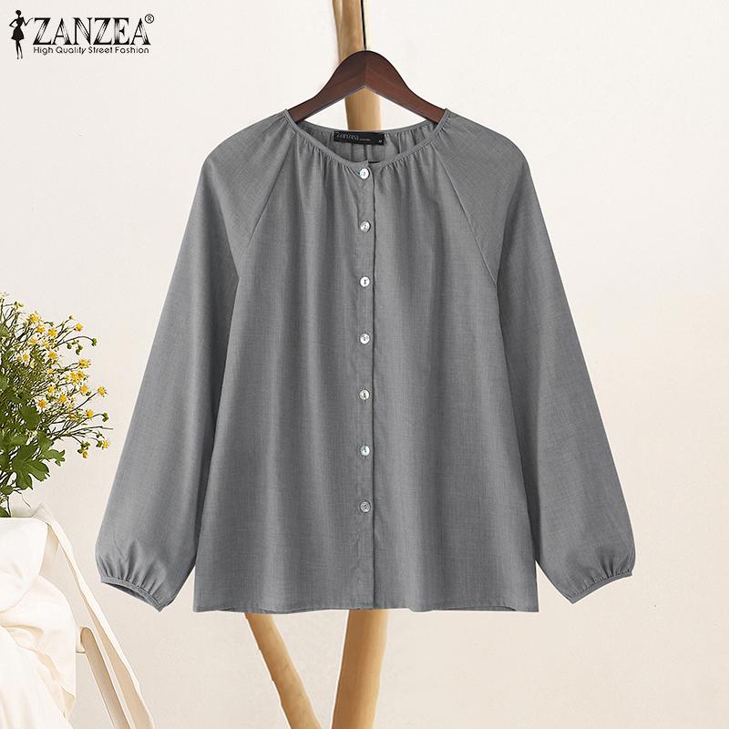 ZANZEA Women Casual Round Neck Solid Color Loose Long Sleeve Blouse