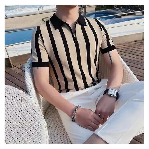 

Летняя мужская вязаная футболка-поло с коротким рукавом на молнии, корейский стиль, облегающая, повседневная, с отложным воротником, с рукавом до локтя, базовая футболка M
