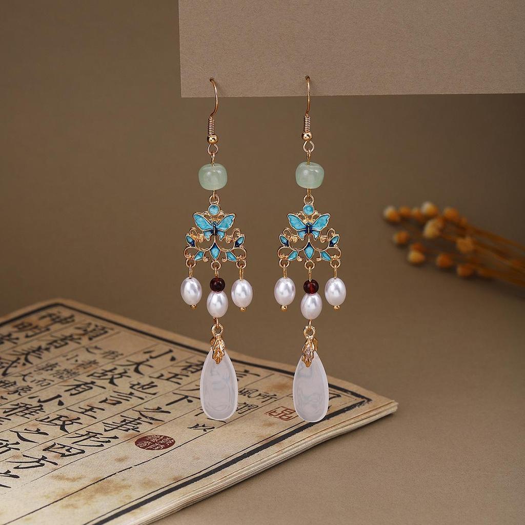 Elegant Butterfly Water Drop Pearl Tassel Earrings for Women - Traditional Qipao Style