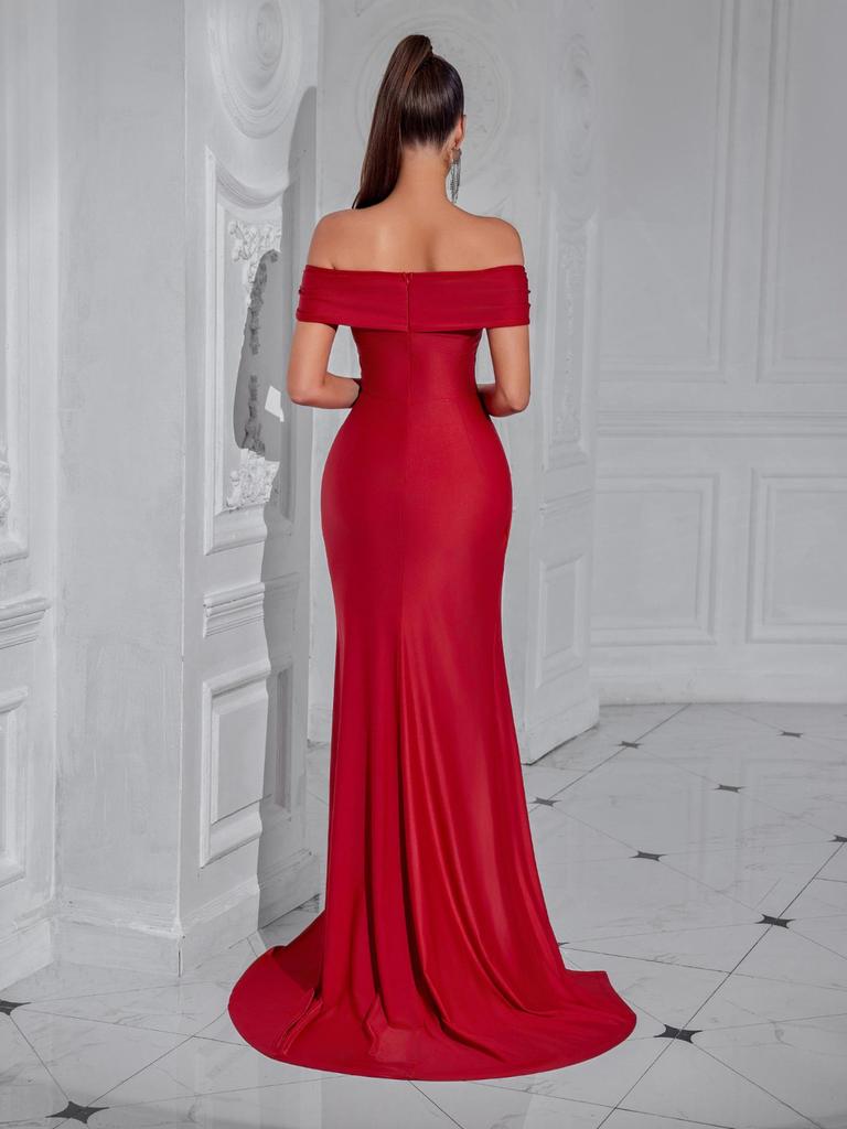 European and American Asymmetrical Neckline Slimming Dress with Slit - Elegant Ribbon Long Party Evening Wear