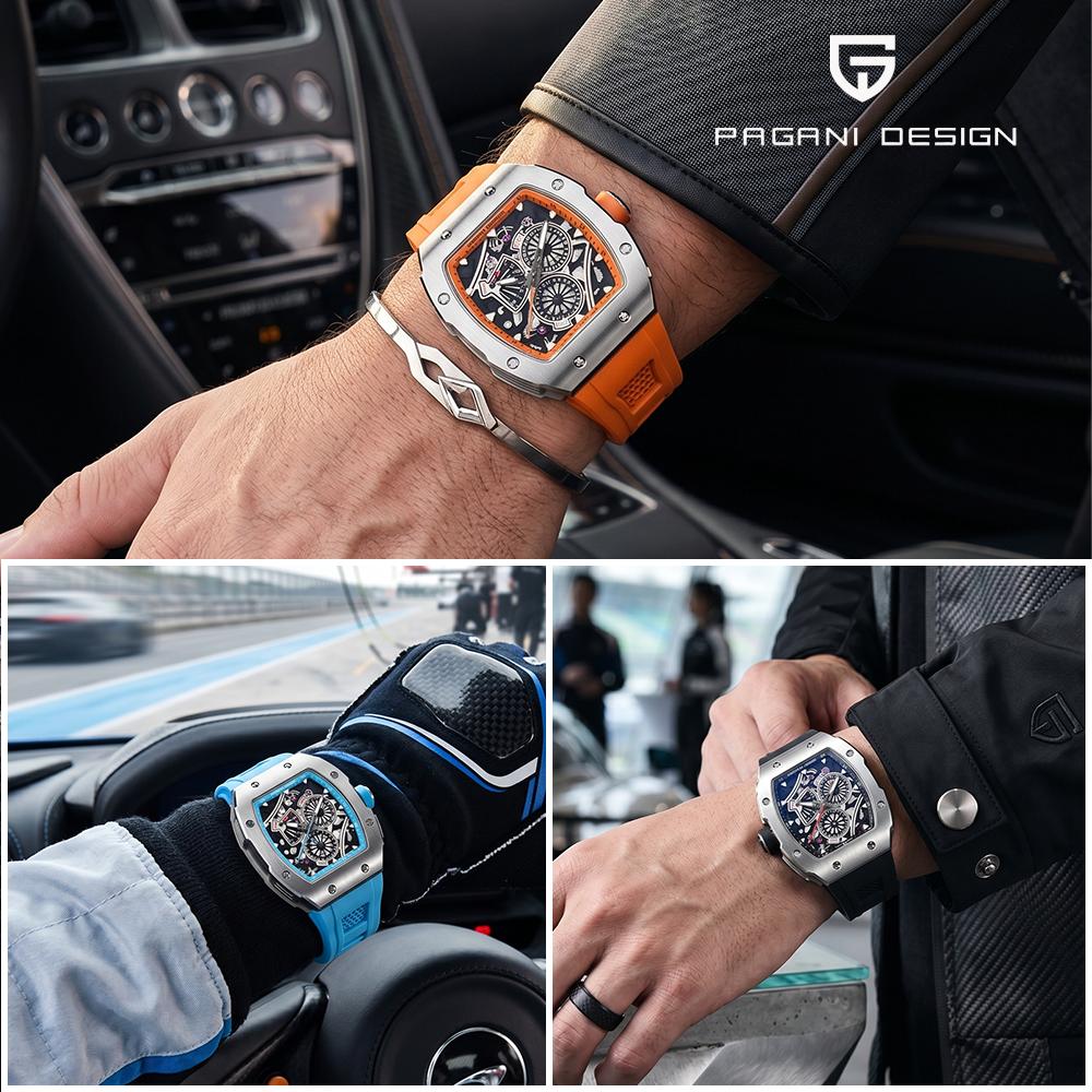PAGANI DESIGN Tonneau Quartz Watch Men Luxury Sport Waterproof Luminous Multi-Function Silicone Band Male Clock PDYS012