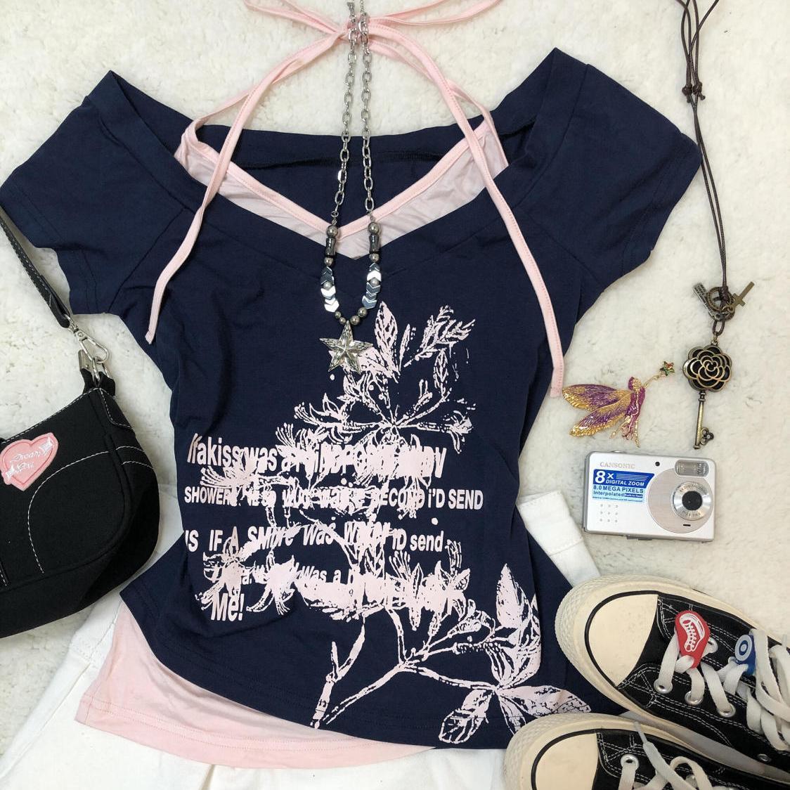 

2025 Лето Y2k Винтажные Графические Футболки Женские Гранж Уличная Одежда Горячая Девушка Приталенная Футболка Харадзюку Мода Повседневные Милые Топы Шик M белый