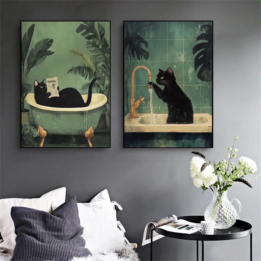 Arte de Pared en Lienzo Gato Negro Leyendo el Periódico en el Baño