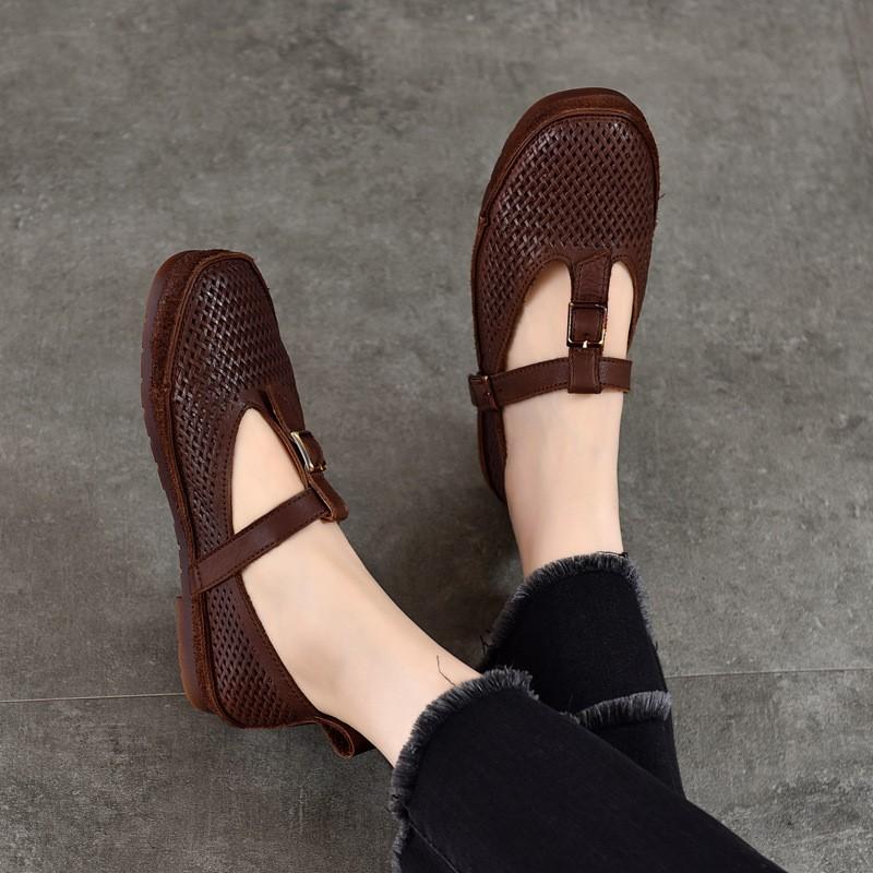 Johnature Retro Genuine Leather Soft Soled Hollow-out Sandals Round Toe Belt Buckle Flat Women's Shoes