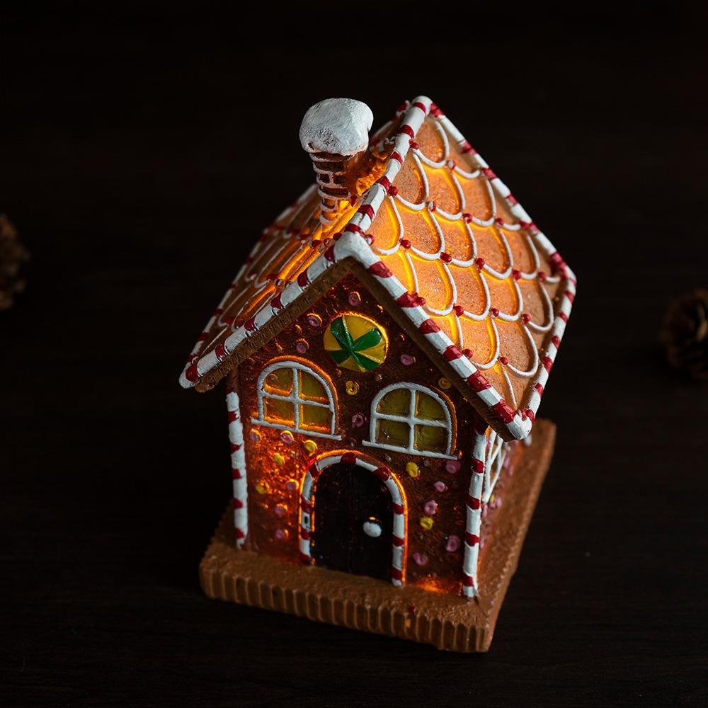 Luminous Gingerbread House Ornament LED Light Collectible Christmas Village Cottage Statue Resin Gingerbread House Figurines