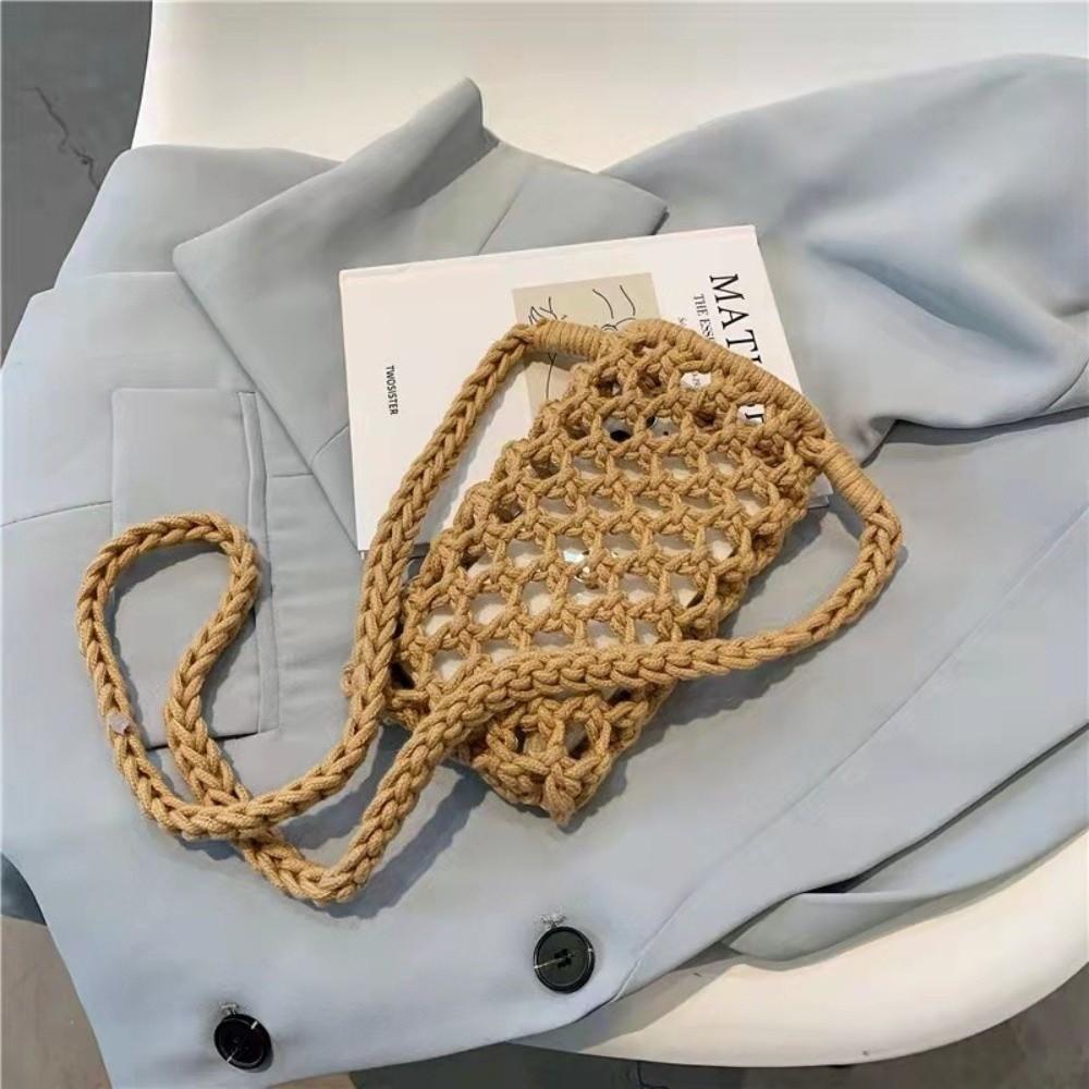 Fashion Portable Phone Purse Hollow-out Woven Solid Color Shoulder Handbag Crochet Lightweight Mobile Phone Bag Gifts