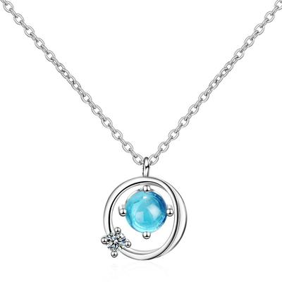 925 Ayar Gümüş Link Zinciri Mavi Kristal Yuvarlak Kolye Kadınlar Için Collares Femme Gerdanlık Kolye Dz815