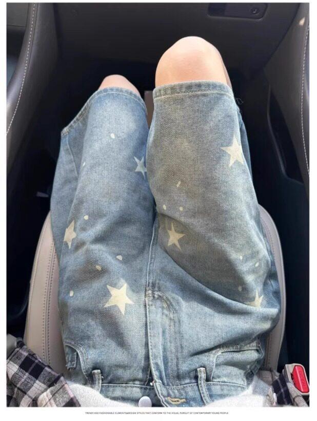 Women's American Retro Star Print High-Waist Denim Shorts - Loose A-line Wide-Leg Mid-Length for Summer.