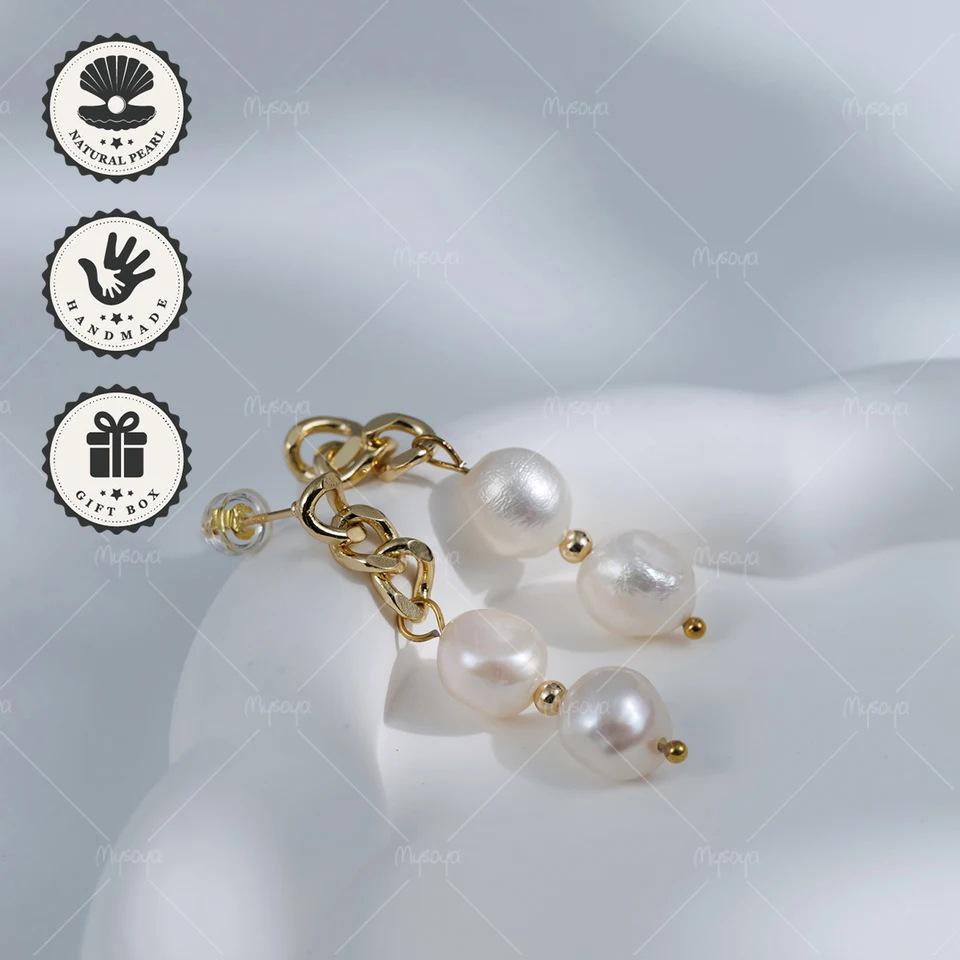 MYSOYA 8-9mm White Baroque Pearl Earrings with Gold Chain US Size