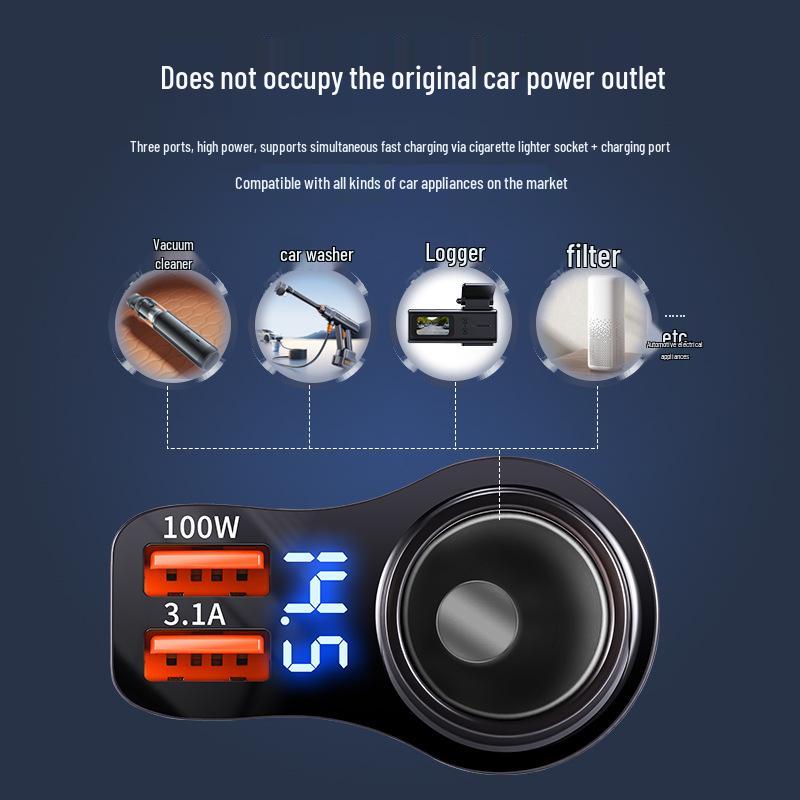 100W Dual USB Car Charger with Digital Display and One-to-Two Extension