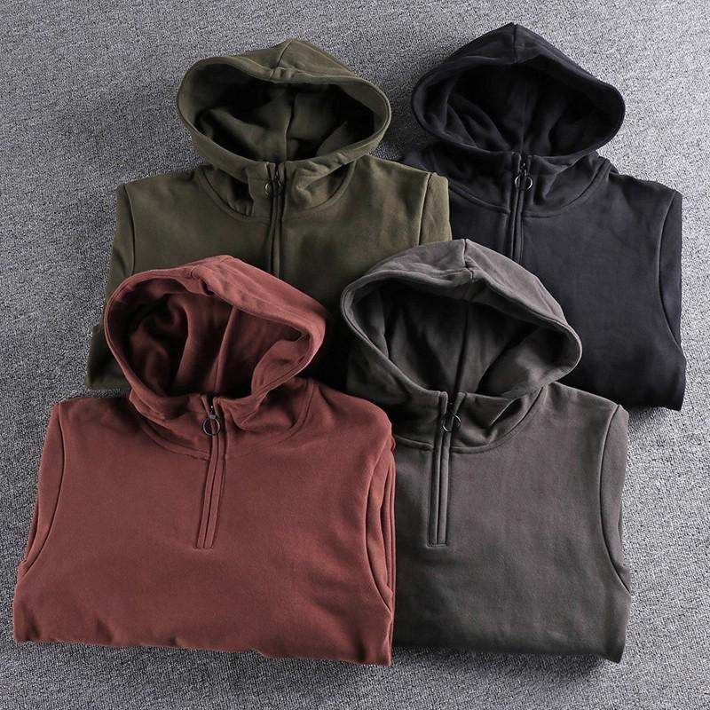 500g Heavyweight Half-Zip Men's Hooded Sweatshirt - Vintage Japanese-Style Trendy Youth Top