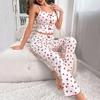 Half Transparent Letter Love Cheery Print Women Pajama Set Button V Cut Neck Top & Full-Length Pants Female 2 Piece Sleepwear