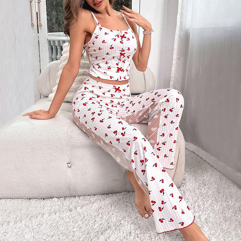 Half Transparent Letter Love Cheery Print Women Pajama Set Button V Cut Neck Top & Full-Length Pants Female 2 Piece Sleepwear