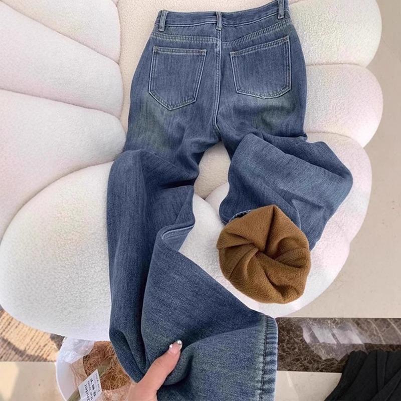Fleece Thickened Narrow Straight-leg Jeans Women's Winter M High-waisted and Thin Versatile Wide-leg Pants