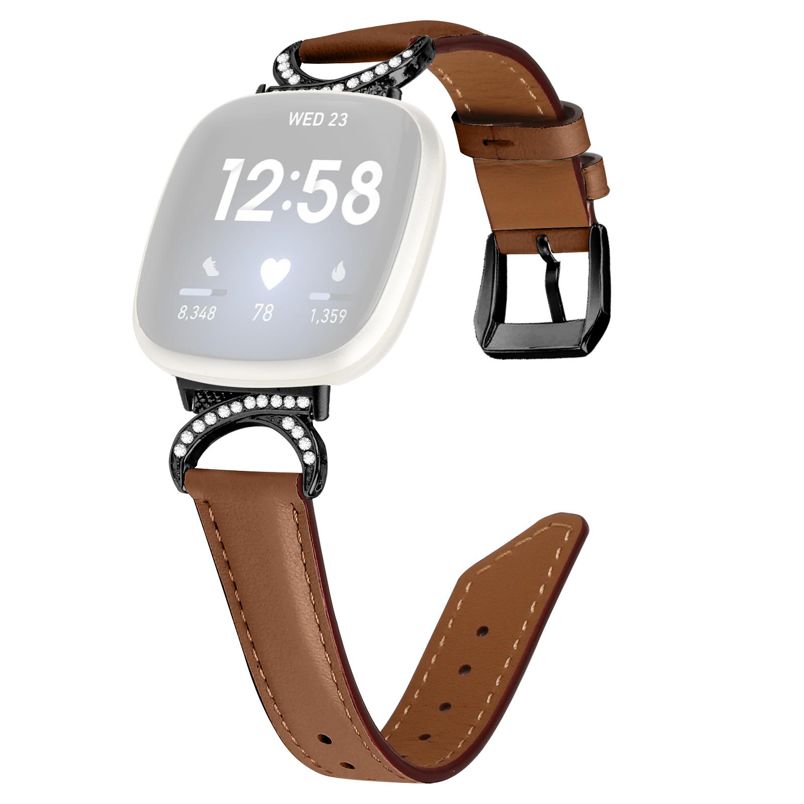 

For Fitbit Versa 3/Versa 4/Sense/Sense 2 Split Leather Watch Strap Rhinestone D-shape Connector Wrist Band with Black Buckle Brown