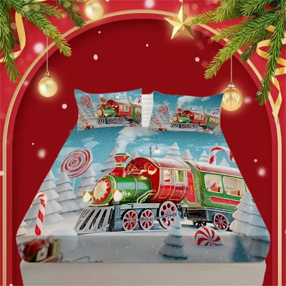 3pcs Christmas Train & Snow Scene Bedding Set - Soft, Breathable Fitted Sheet and Pillowcases for All Seasons, Machine Washable