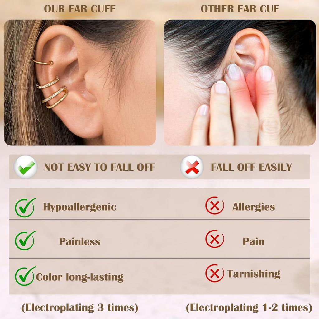 Ear Cuff Earrings for Women Non Piercing 14K Gold Plated Ear Cuffs Non Pierced Adjustable Fake Earrings Jewelry 3-4PCS