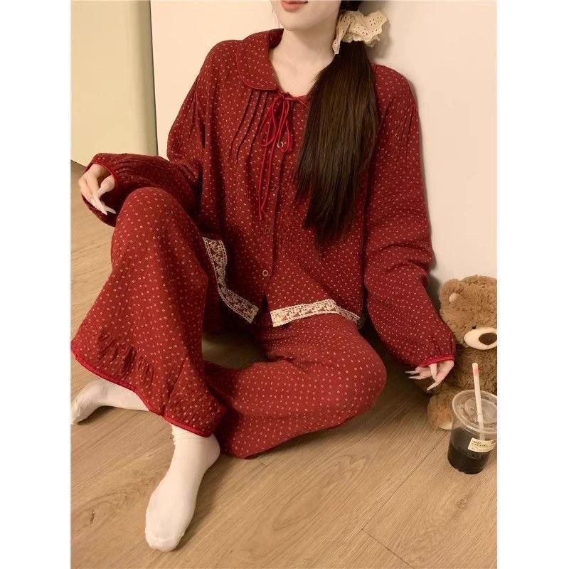 Korean Palace Red Polka Dot Floral Lace Collar Long Sleeve Pajama Set