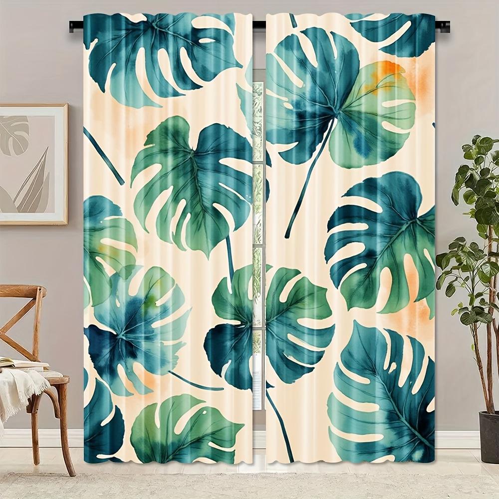 2pcs Tropical Green Leaf Curtains - Semi-Sheer Polyester, Watercolor-Inspired Hawaiian Style, Rod Pocket Drapes for Living Room
