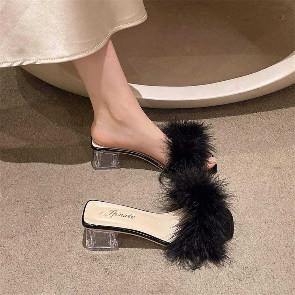 Damen Übergröße Feder Hausschuhe - Frühling Sommer Hochzeit Brautrobe Klare Klobige Absatzschuhe