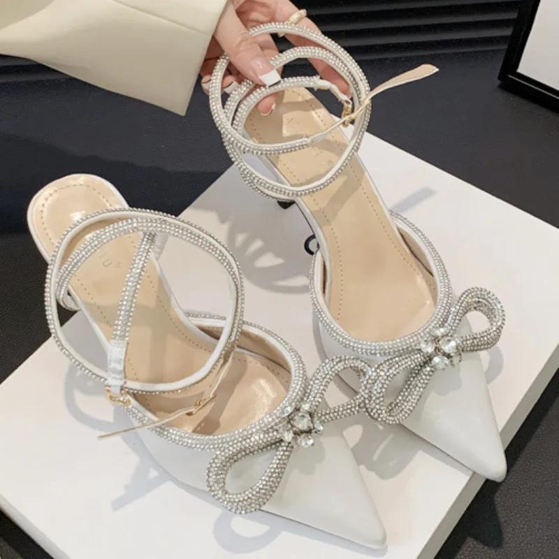 Luxury Rhinestone Bow High Heeled Sandal Women Elegant Summer Dress ankle strap Heels Shoe Sexy Pointed Toe Satin Designer Pumps