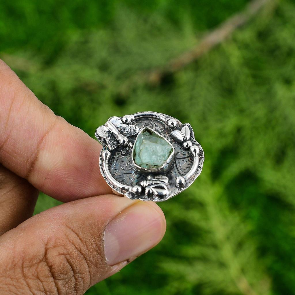 Pear Prehnite Rough Gemstone Sterling Silver Mother Elegant Promise Boho Ring