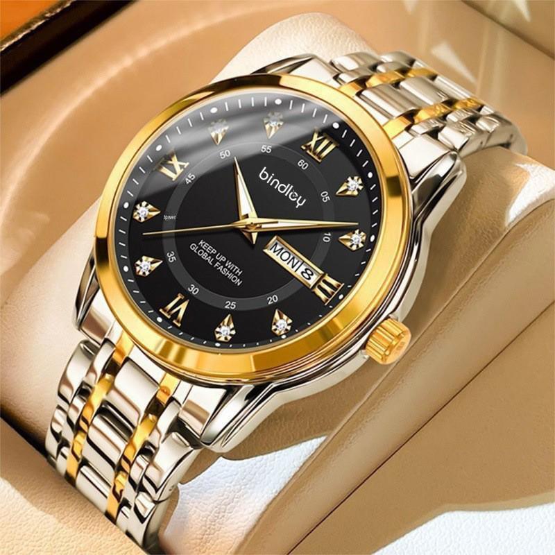 Swiss Luxury Men's Waterproof Quartz Watch with Dual Calendar & Luminous Steel Band